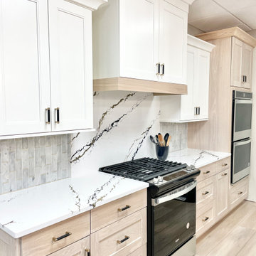 Wynnbrooke White Oak Sand and Linen White Kitchen With Gold Accents
