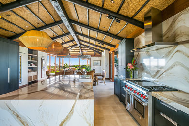 Large minimalist galley ceramic tile and gray floor open concept kitchen photo in Hawaii with a farmhouse sink, flat-panel cabinets, black cabinets, quartz countertops, beige backsplash, stainless steel appliances, an island and brown countertops