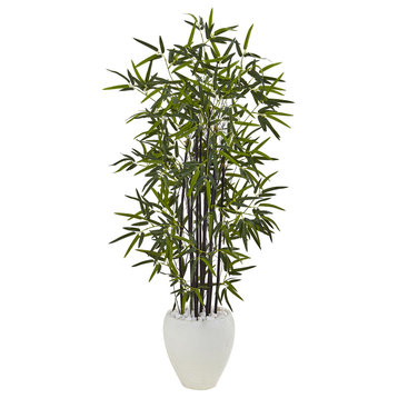 5' Black Bamboo Artificial Tree, White Oval Planter