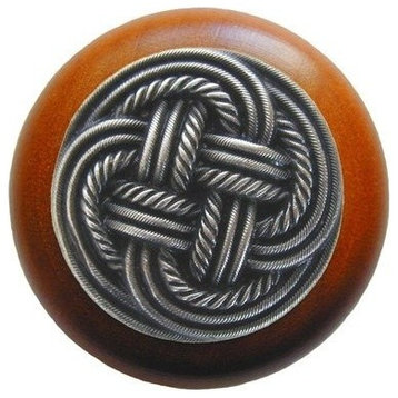 Classic Weave Wood Knob, Antique Brass, Cherry Wood Finish, Antique Pewter