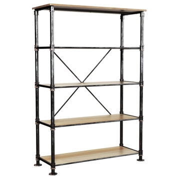 Industrial Bookcase, Pipe Metal Frame With Natural Wooden Shelves, Sand Black