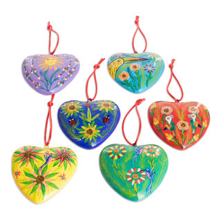 NOVICA Traditional Hearts Traditional Batik Wood Heart Ornaments from Java  (Set of 4)