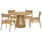 Armen Living - Pasadena Erie 5-Piece Round Dining Set, Natural Oak Finish Paper Cord Chairs - Transform your indoor dining space with the Pasadena Erie 5 Piece Dining Set from Armen Living. This contemporary dining set features: 1 round Pasadena table with a solid Oak base and concrete bottom for added stability, and an Oak veneer tabletop, and 4 Erie chairs constructed with solid Natural Oak Wood frames and woven paper cord. The Danish and mid-century modern influences shine through in the sleek design that combines functionality with artistic flair. As versatile furniture pieces, these dining chairs transcend their traditional role, doubling as smart accent chairs or chic additions to your vanity. The ergonomic design ensures comfort during meals, providing both flexible support and style, while the open back and paper cord create a chair with unparalleled breathability. The 47-inch Round Pasadena Table is a chic and versatile addition that effortlessly blends style and functionality in your indoor living spaces. Finished with sophisticated Natural Oak, this contemporary yet rustic dining table is designed to make a statement in dining rooms, kitchens, and wherever else you can imagine needing an exquisite wood table. Crafted with meticulous attention to detail, the round shape of the table adds a touch of modern elegance to any space and invites conversation. The rich, organic color of this dining table is perfectly complemented by the light, natural finish of these matching chairs. This cohesion serves to enhance the clean, simple aesthetic of this set, which is sure to create a focal point in any room. Perfect for intimate dinners or casual family meals, this five piece set is designed for those who appreciate a blend of form and function. Elevate your dining experience with the Pasadena Erie set, where contemporary design and a compact footprint come together to create the dining room of your dreams. This dining set is available in multiple color variations including: a black oak finish with black chairs, a natural oak finish with natural oak chairs, a natural oak finish with black chairs, and a walnut table top with black finish and black chairs.