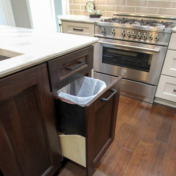 White Kitchen with Espresso Island, Galley Sink, Cambria Britannica Countertop