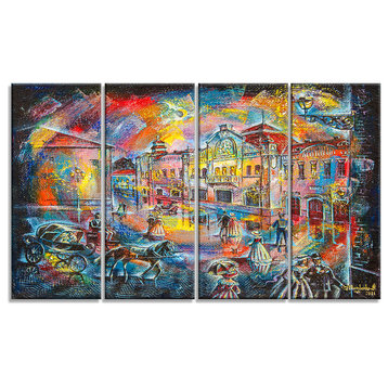 "Night City With People" Cityscape Canvas Artwork