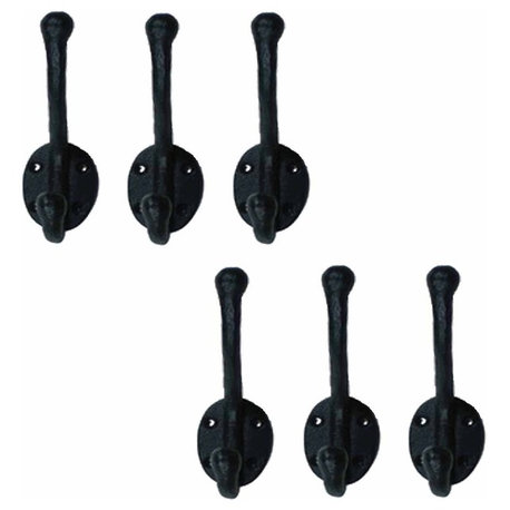 6 Wrought Iron Double Hook Black for Coats Towels Robes |