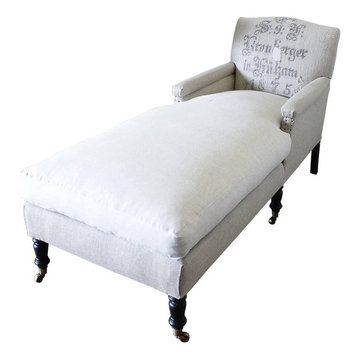 Antique Style Chaise Longue with Antique German Feed Sack Upholstery