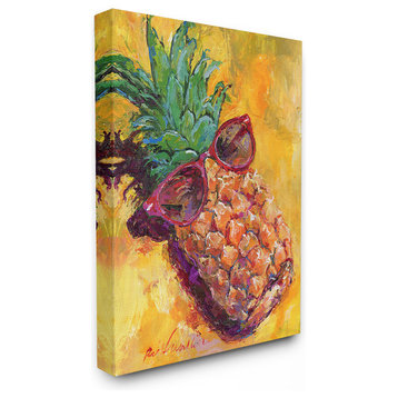 Warm Yellow Pineapple with Sunglasses on the Beach Painting Canvas, 16"x20"