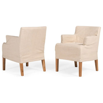 Coni Farmhouse Oatmeal Fabric Dining Arm Chair, Set of 2
