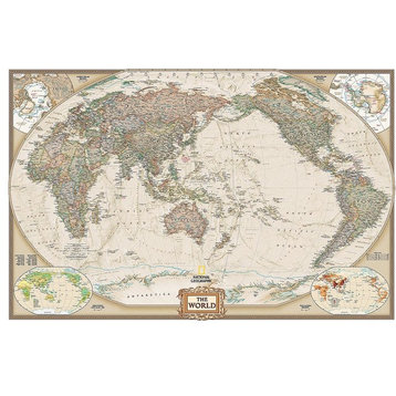 Pacific-Centered Political World Map Wall Mural in Earth Tone, Self-Adhesive