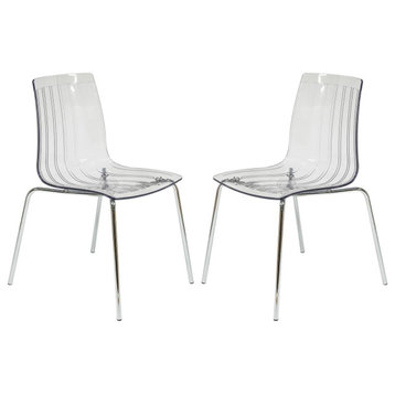 Set of 2 Dining Chair, Chrome legs & Plastic Seat With Ribbed Accents, Clear