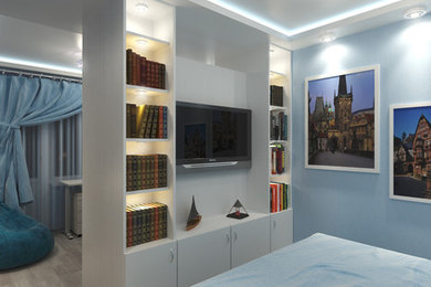 Уютная и многофункциональная комната в голубых тонах.