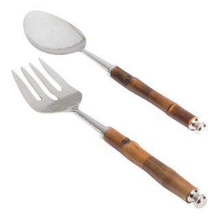Vintage Italian Silver Tone Bamboo Handle Salad Tosser Serving Spoon & Fork  Set- 2 Pieces