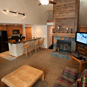 A fireplace anchors a remodel.