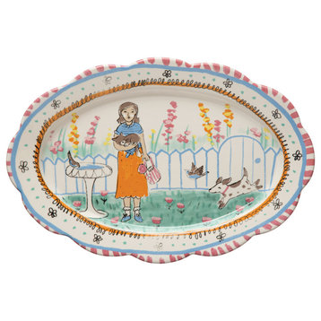 Decorative Ceramic Platter with Painted Illustration and Scalloped Edge