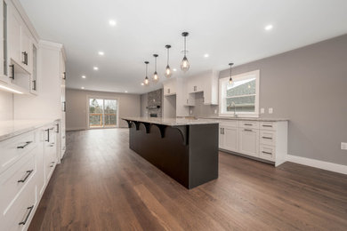 Kitchen - large contemporary dark wood floor and brown floor kitchen idea in Other with an undermount sink, shaker cabinets, white cabinets, an island and gray countertops