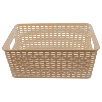 Plastic Rattan Storage Box Basket Organizer, Beige, Small-Pack of 1