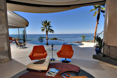 Living room - large contemporary beige floor living room idea in San Diego