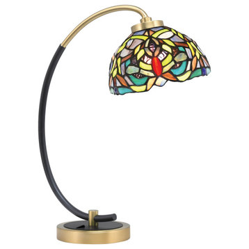 1-Light Desk Lamp, Matte Black/New Age Brass Finish, 7" Kaleidoscope Art Glass