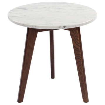 Cherie 15" Round Italian Carrara White Marble Side Table with Walnut Legs