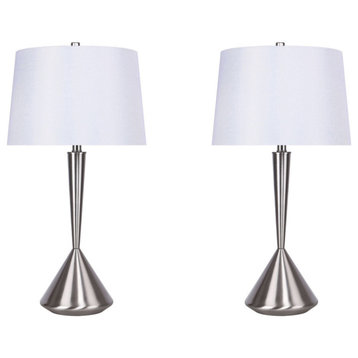 29" Brushed Nickel Lamps, Angular Hourglass Body and White Linen Shade, Set of 2