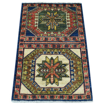 Red Afghan Ersari Tribal Design Hand Knotted Organic Wool Oriental Rug, 1'10"x3'