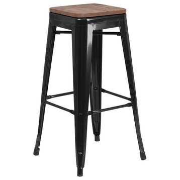 30" High Backless Black Metal Barstool With Square Wood Seat