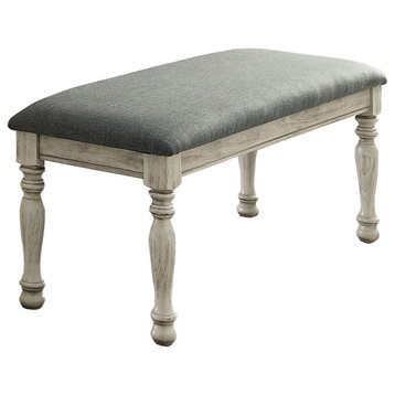 Transitional Fabric Upholstered Wooden Bench, Gray And White
