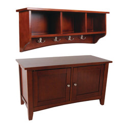 Bolton Furniture - Shaker Cottage Storage Bench/ Coat Hook w/Storage, Cherry - Hall Trees