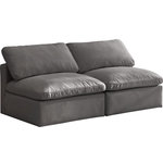 Meridian Furniture - Plush Velvet / Down Standard Comfort Modular Sofa, Gray, 2-Piece: 2 Armless Chair - No matter how big or little the size of your gang, they can all find their sweet spot when you choose pieces from the Plush collection to build your ideal seating group. Choose this individual Plush piece or pair multiple pieces together to get the custom look everyone will love. The soft grey velvet material is soft and welcoming to the touch, and the set's cushions are overstuffed with a down and feather blend to provide ample support for tired bodies.