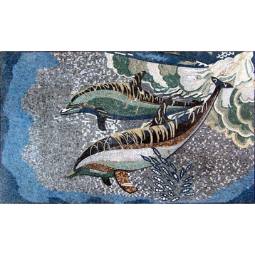 Deep Ocean and Dolphins Marble Mosaic Art, 102" X 63"