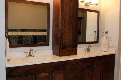 Bathroom - large modern master white tile porcelain tile bathroom idea in Other with raised-panel cabinets, dark wood cabinets and quartz countertops