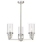 Innovations Lighting - Utopia 3 Light 8" Stem Hung Pendant, Satin Nickel, Clear Glass - Modern and geometric design elements give the Utopia Collection a striking presence. This gorgeous fixture features a sharply squared off frame, softened by a round glass holder that secures a cylindrical glass shade.