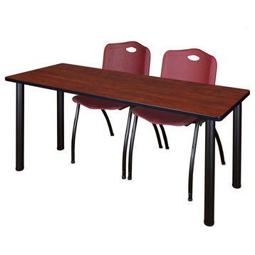 66" x 24" Kee Training Table- Cherry/ Black & 2 'M' Stack Chairs- Burgundy