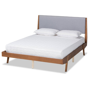 Mid-Century Modern Grey Fabric Upholestred Wood King Size Platform Bed