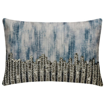 Blue Suede 12"x18" Lumbar Pillow Cover Beaded and Sequins Brushed Silver