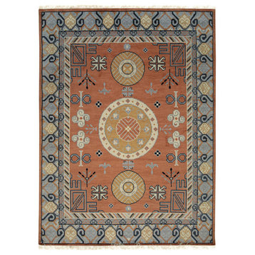 Hand-Knotted Wool Rust Traditional Floral Khotan Weave Rug, 6' X 9'