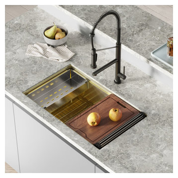 Tourner 32x19 Stainless Steel, Single Basin, Undermount Kitchen Sink, Gold