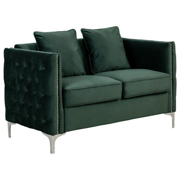 Modern Loveseat, Chrome Metal Legs With Cushioned Seat & Throw Pillows, Green