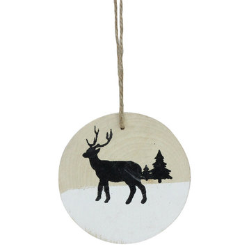 4" Winter Deer With Pine Trees on Wood Disc Christmas Ornament