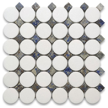 Thassos White Marble Round Mosaic Tile Azul Macaubas Blue Dots Honed, 1 sheet