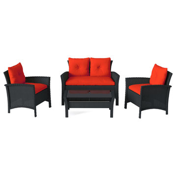 Cascade Wicker Rattan Patio Set With Red Cushions 4pc