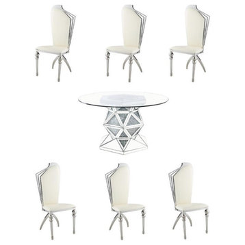 Home Square 7-Piece Set with Mirrored Dining Table & 6 Side Chairs in Beige