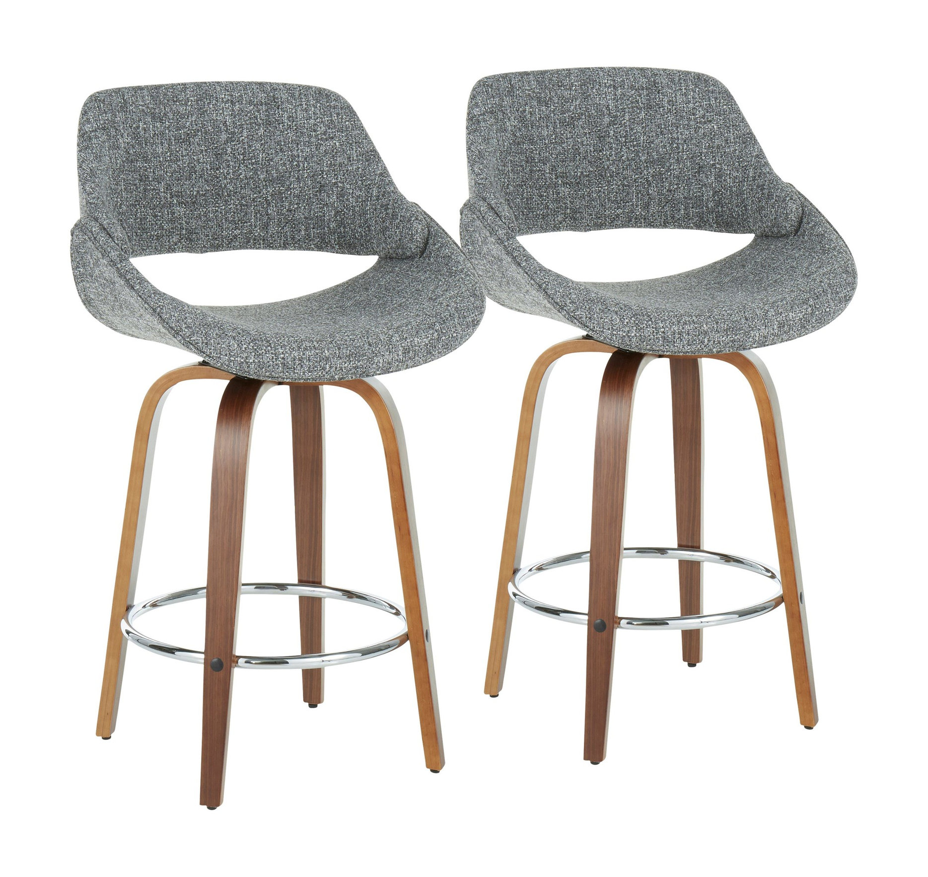 Fabrico Mid-Century Modern Counter Stool, Walnut and Gray Noise Fabric, Set of 2