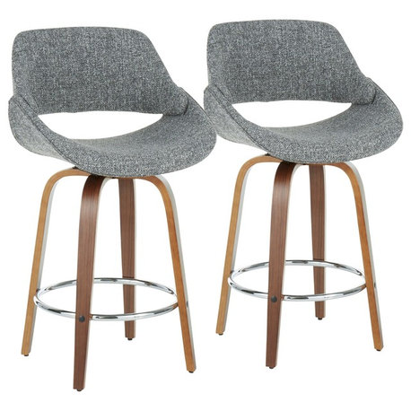 Fabrico Mid-Century Modern Counter Stool, Walnut and Gray Noise Fabric, Set of 2