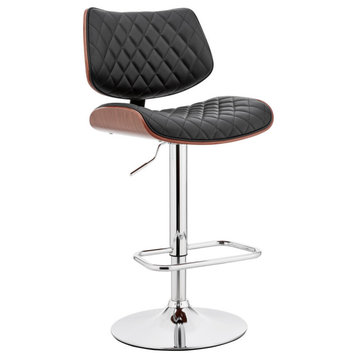 Leland Adjustable Faux Leather and Metal Bar Stool, Black and Chrome