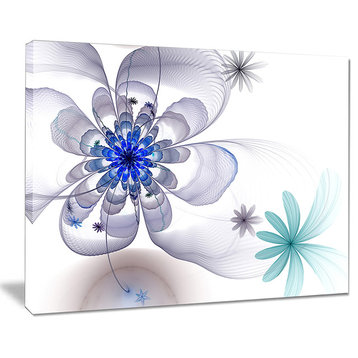 "Blue and Grey Symmetrical Fractal Flower" Modern Floral Canvas Art, 20"x12"