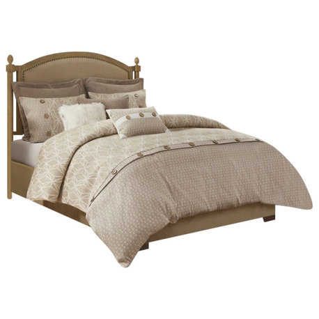 Madison Park Signature Grace Button Accent Taupe Duvet Cover Set w Insert, Queen