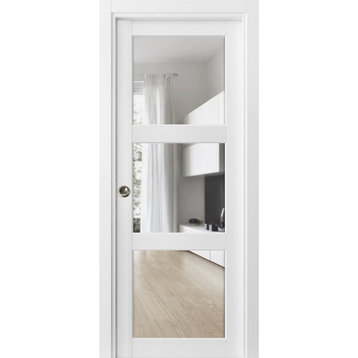 Sliding Pocket Door 36 x 96 With Clear Glass 3 Lites, Lucia 2555 Matte White