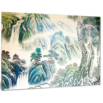 "Blue Chinese Landscape Painting" Metal Wall Art, 28"x12"